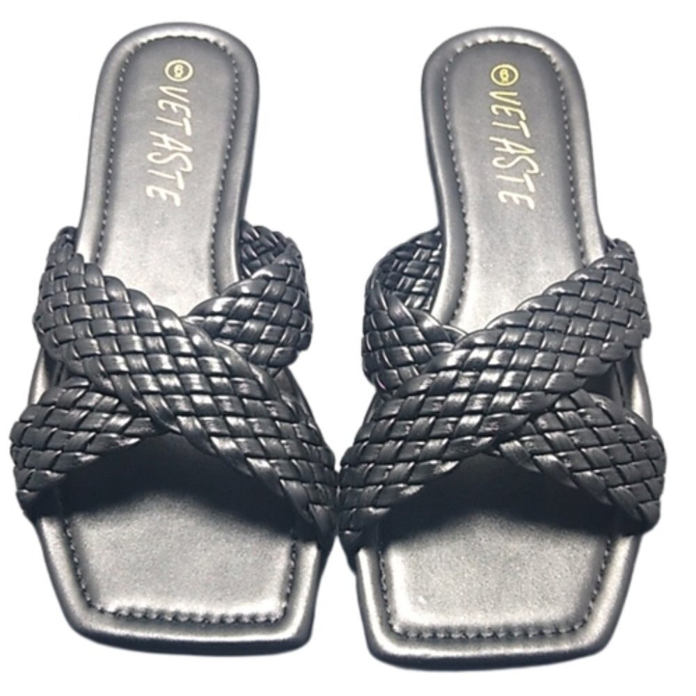 NEW W/O TAGS VETASTE WOMEN'S OPEN SQUARE TOE FLAT SLIDES BRAIDED SANDALS SIZE 6